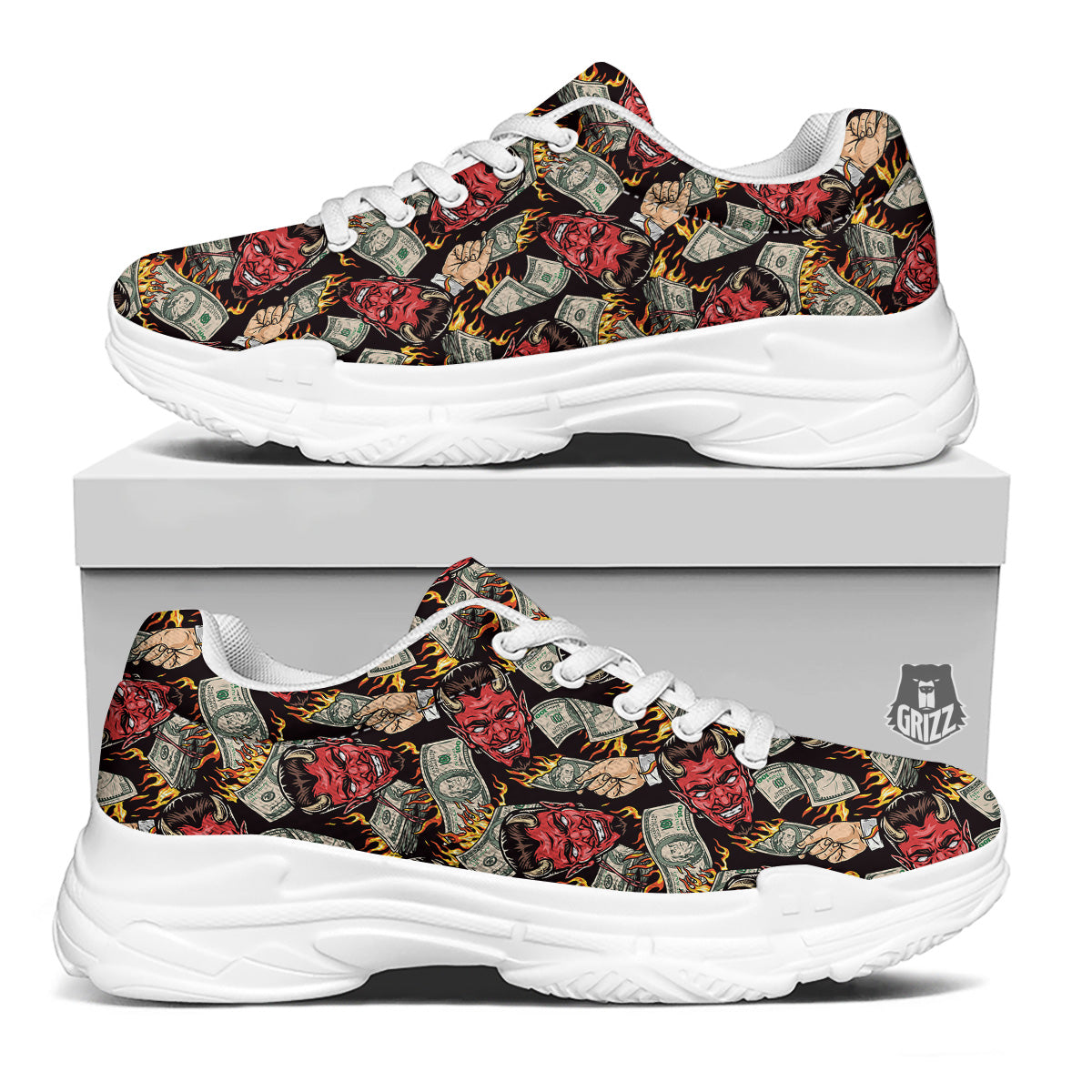 Devil And Dollar Print Pattern White Chunky Shoes-grizzshop