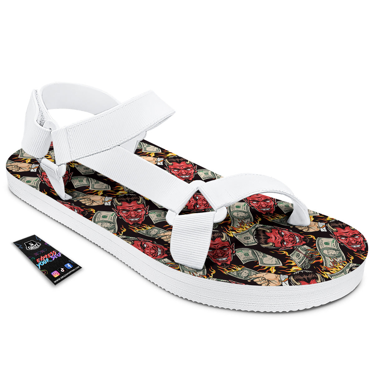 Devil And Dollar Print Pattern White Open Toe Sandals-grizzshop