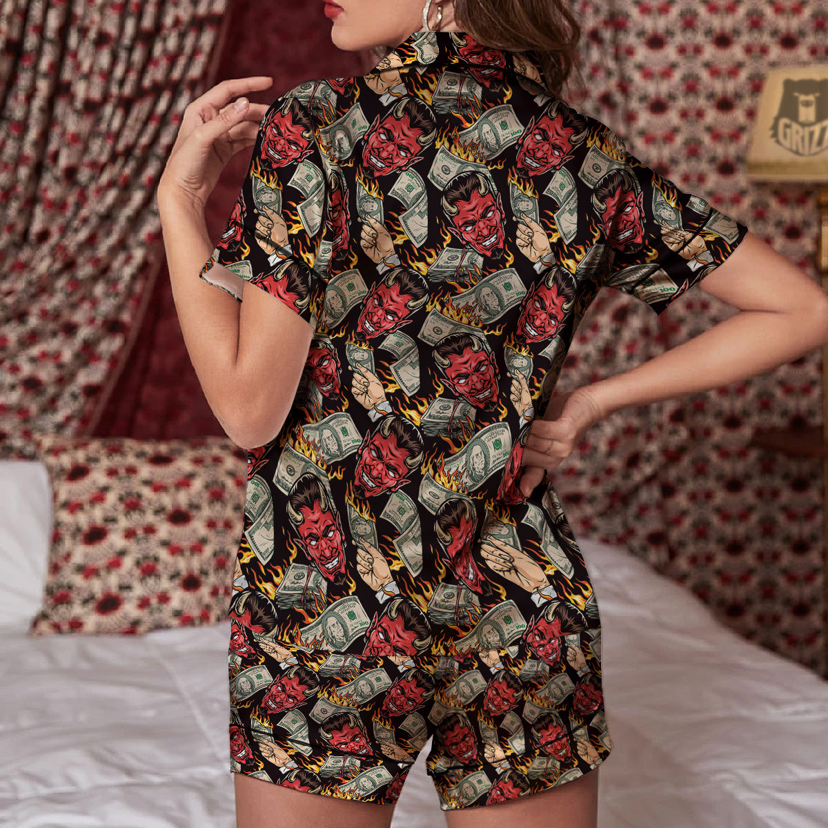 Devil And Dollar Print Pattern Women Silk Pajamas-grizzshop
