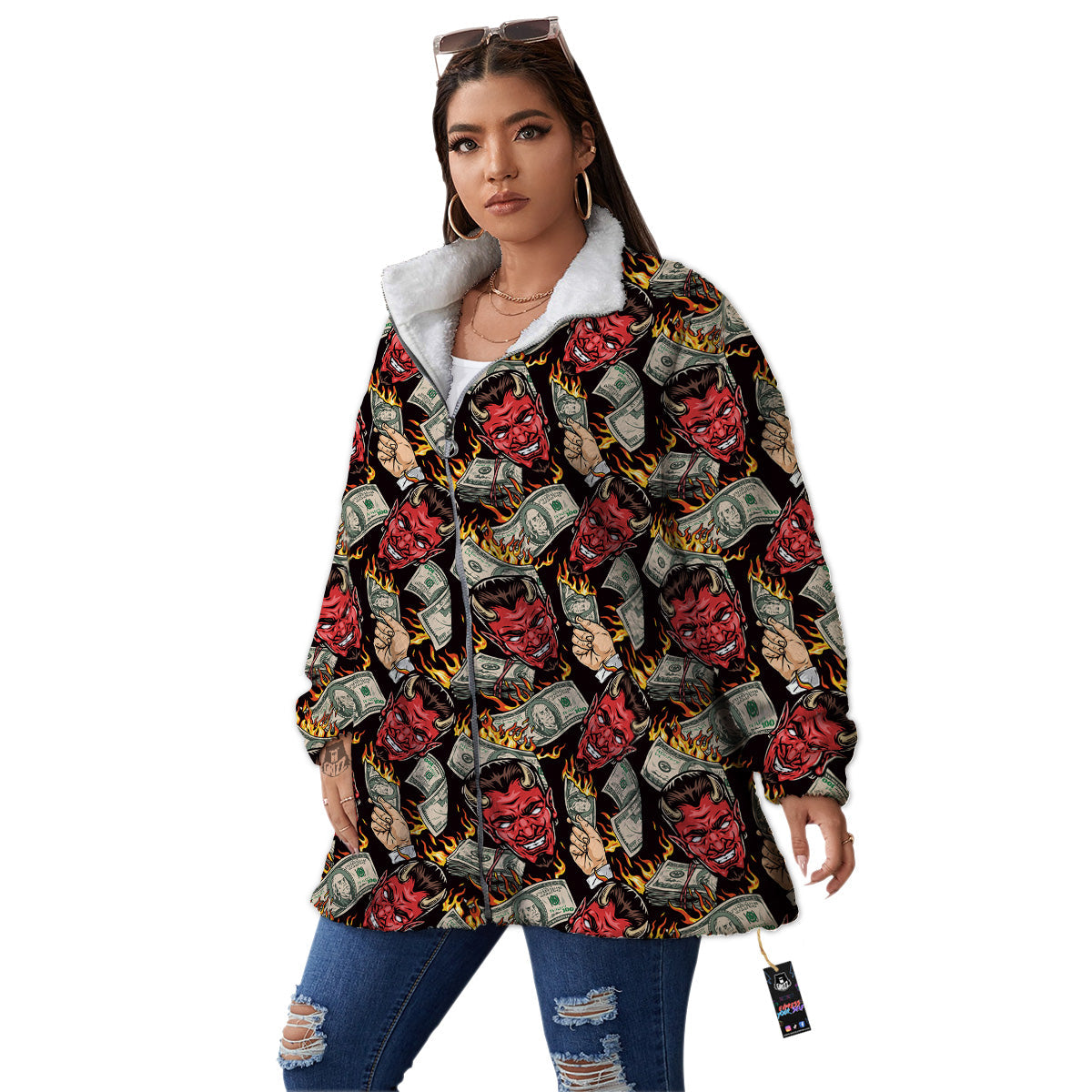 Devil And Dollar Print Pattern Women's Sherpa Jacket-grizzshop