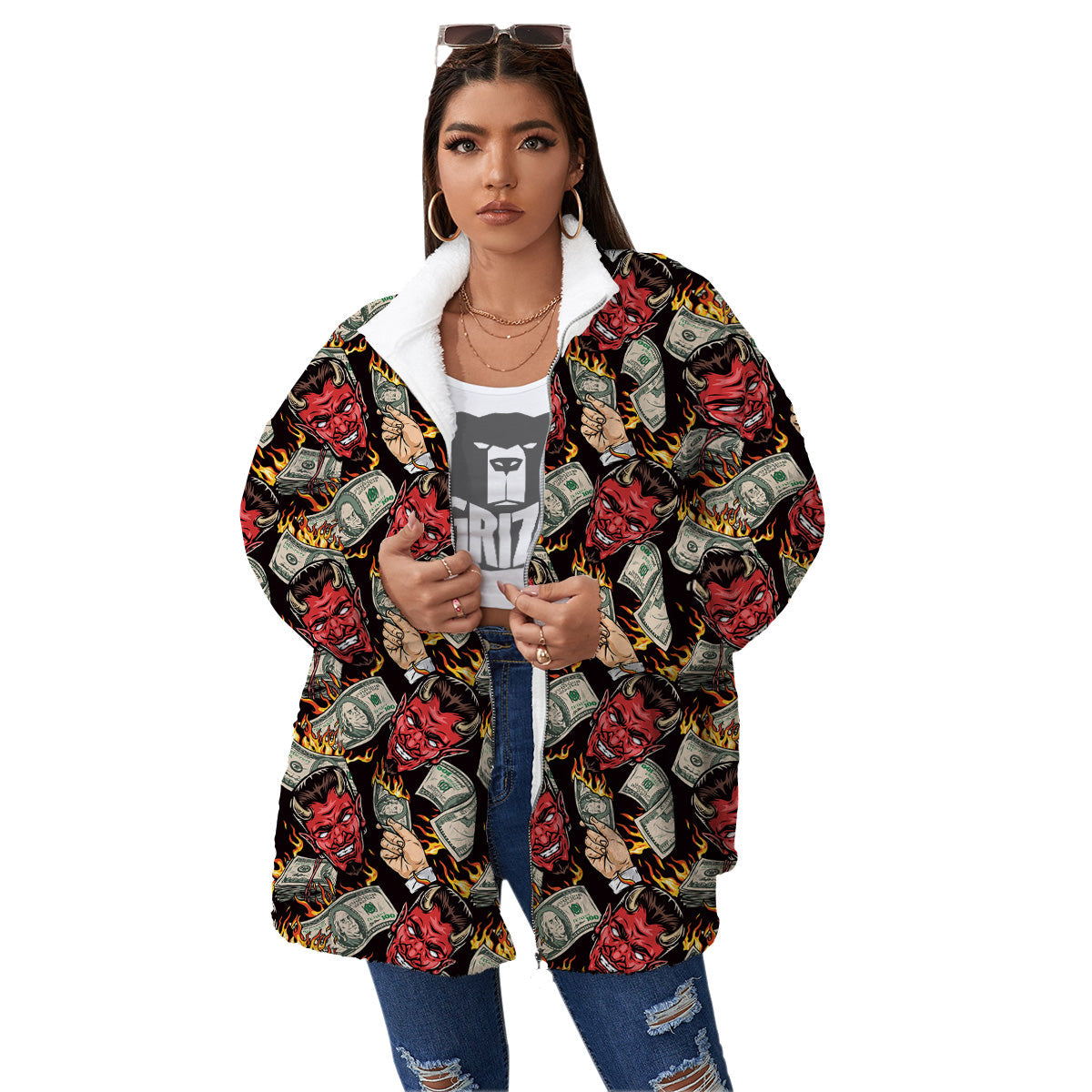 Devil And Dollar Print Pattern Women's Sherpa Jacket-grizzshop