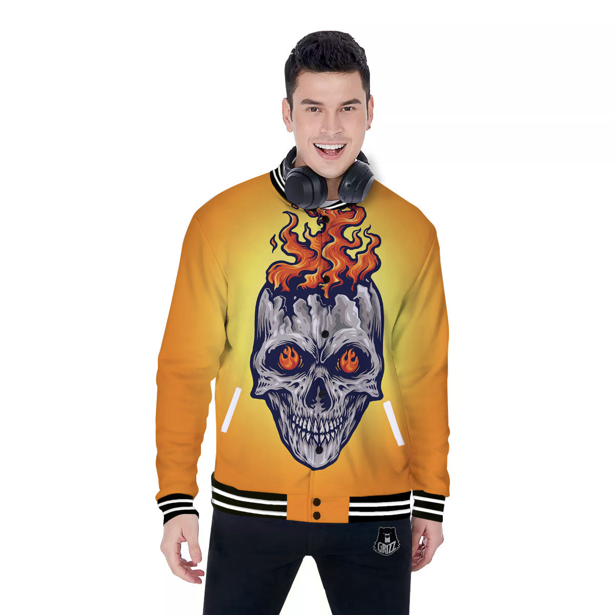 Devil Fire Punk Print Baseball Jacket-grizzshop