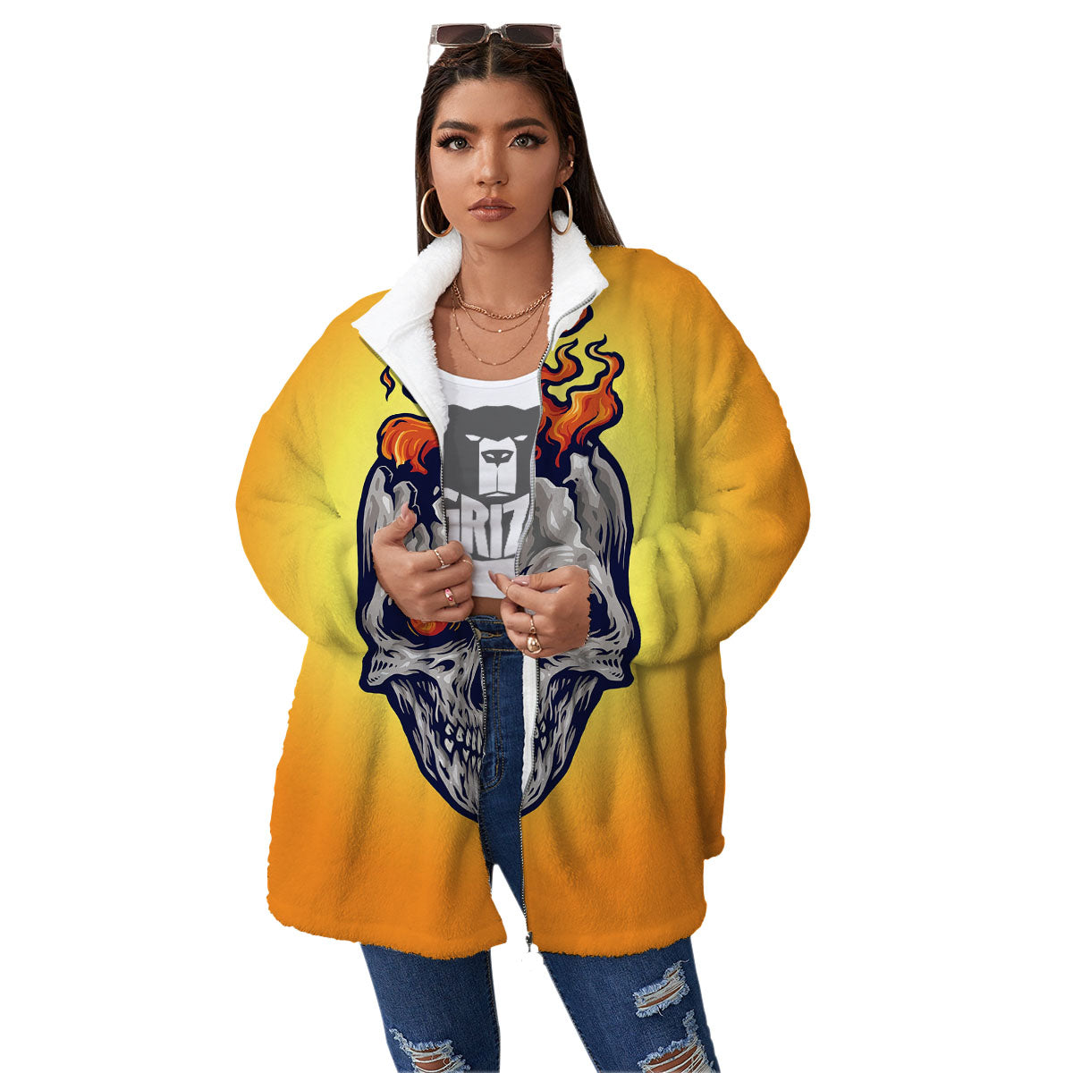 Devil Fire Punk Print Women's Sherpa Jacket-grizzshop