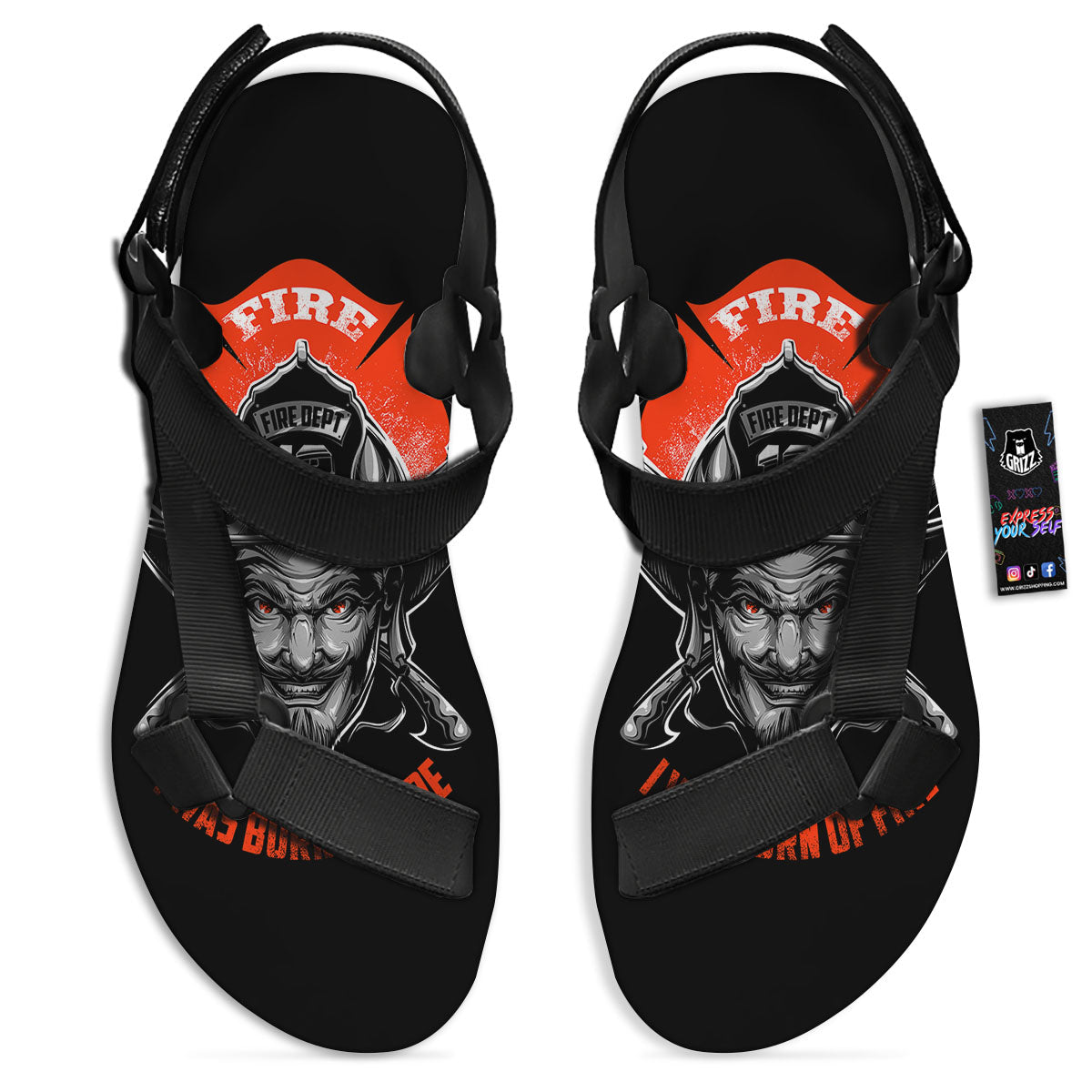 Devil Firefighter Print Black Open Toe Sandals-grizzshop