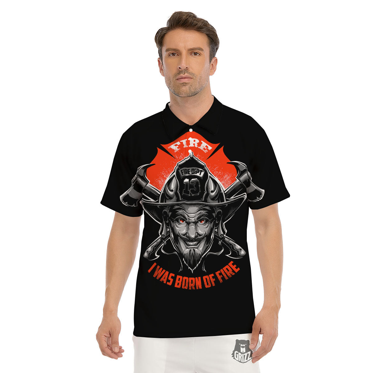 Devil Firefighter Print Men's Golf Shirts-grizzshop