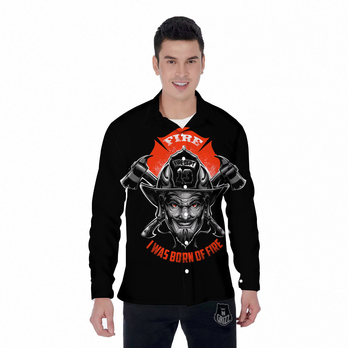 Devil Firefighter Print Men's Long Sleeve Shirts-grizzshop