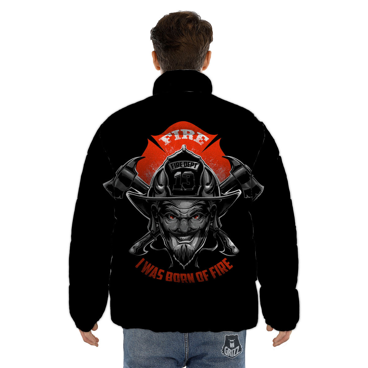 Devil Firefighter Print Puffer Jacket-grizzshop