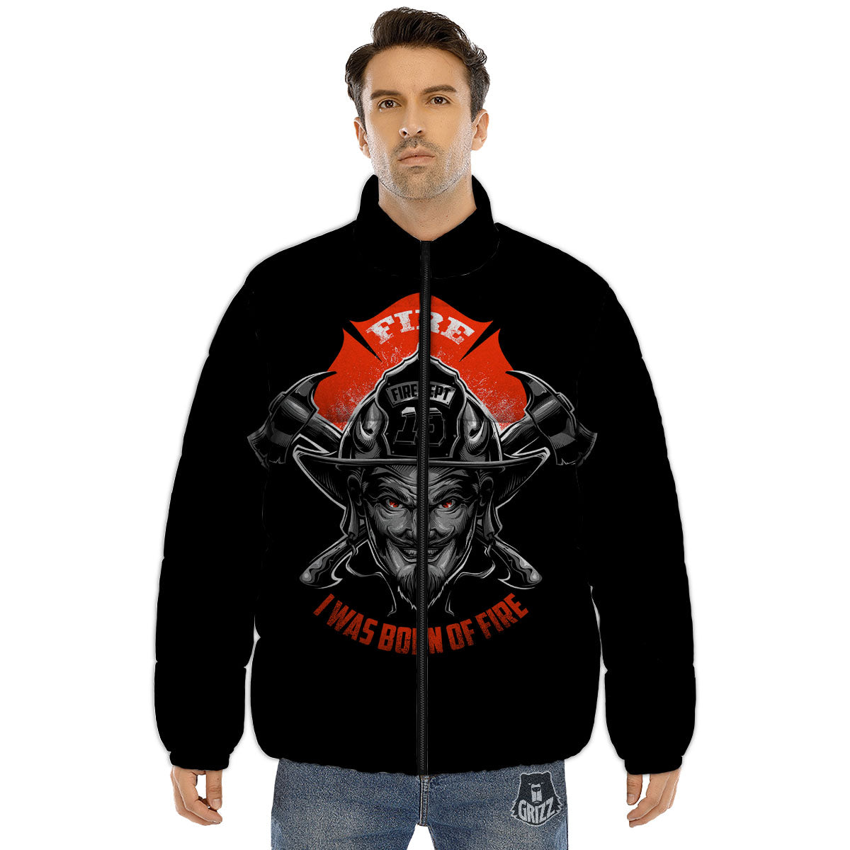 Devil Firefighter Print Puffer Jacket-grizzshop