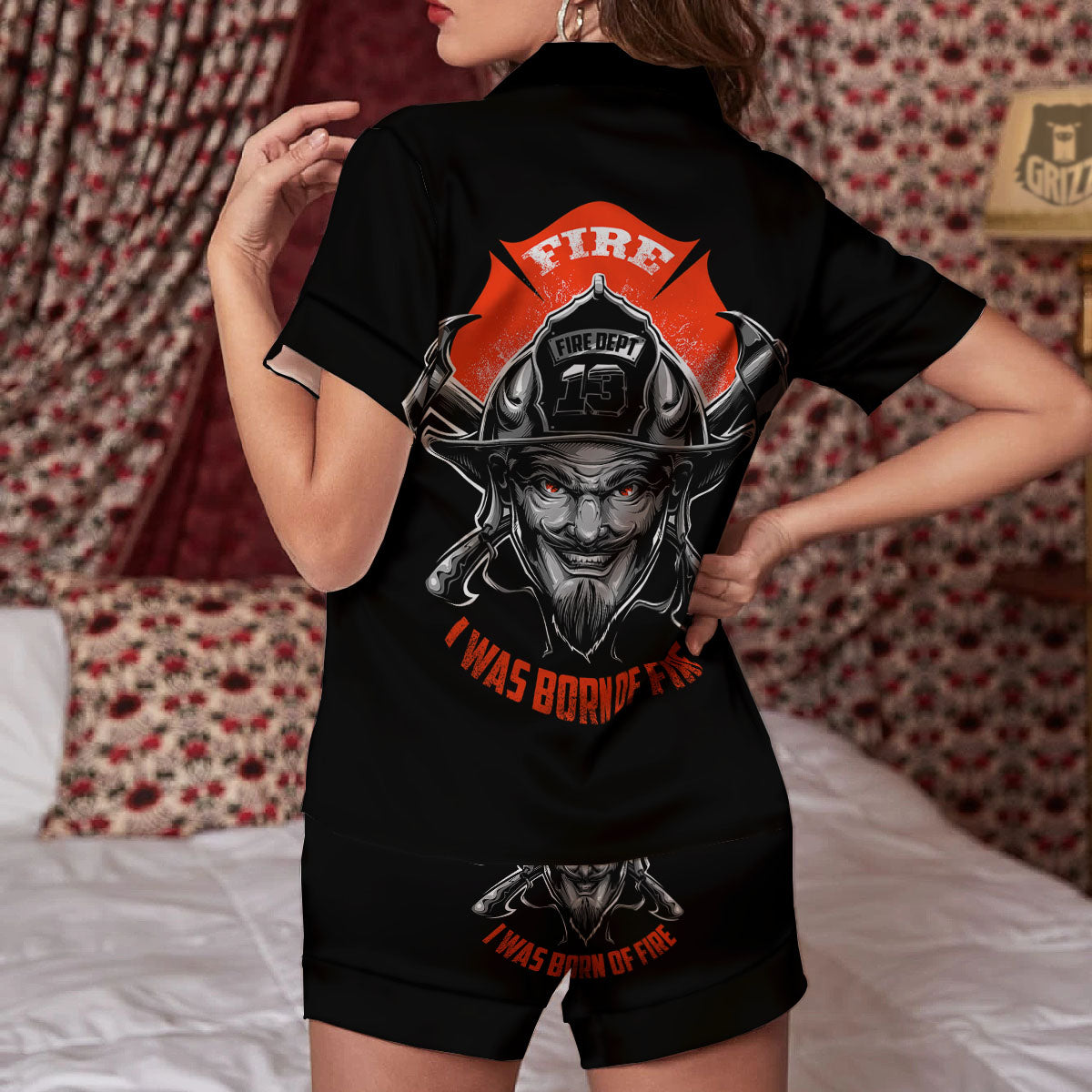 Devil Firefighter Print Women Silk Pajamas-grizzshop