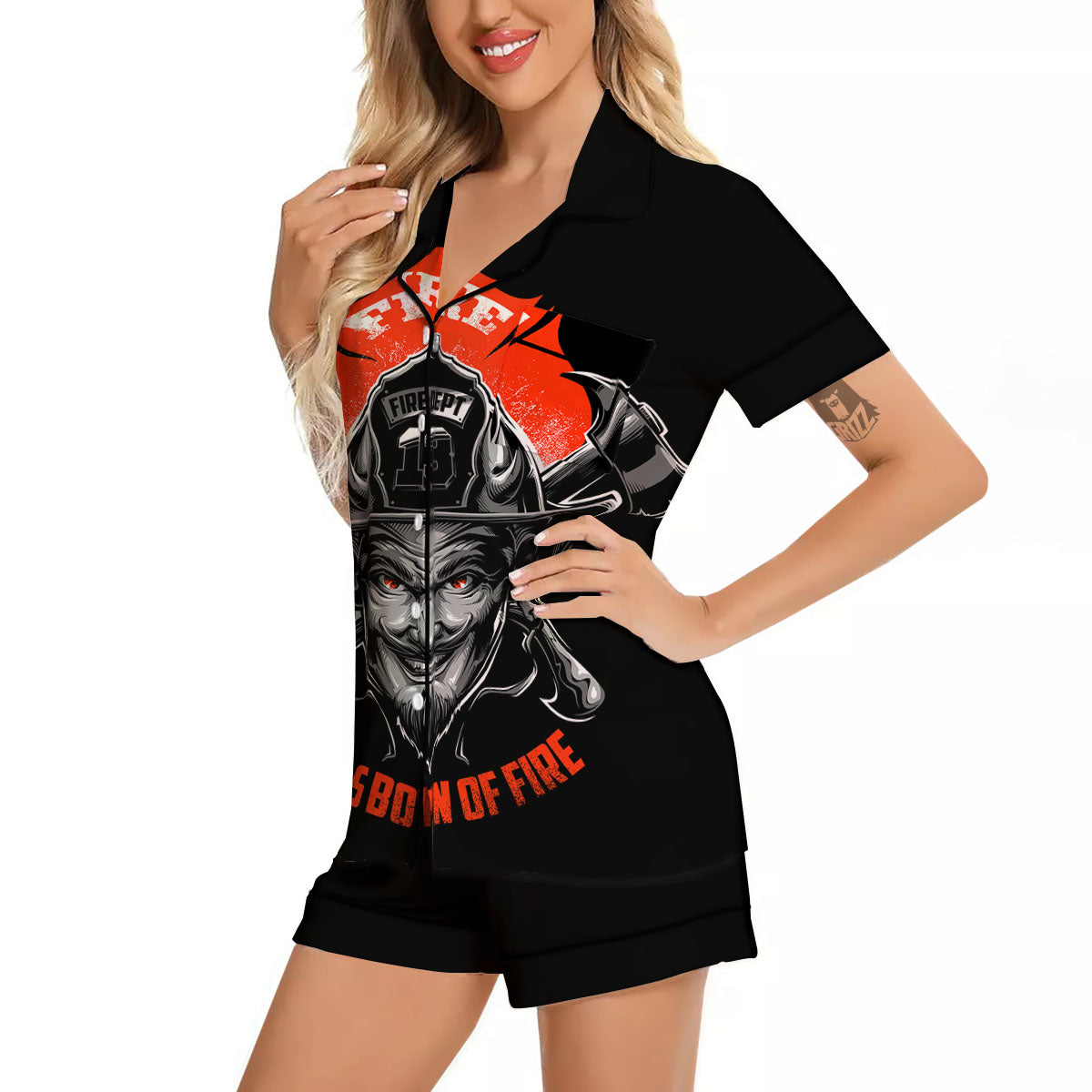 Devil Firefighter Print Women Silk Pajamas-grizzshop