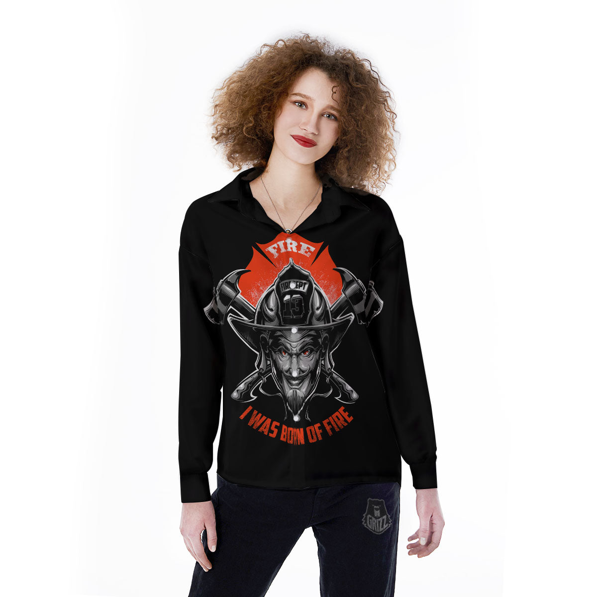 Devil Firefighter Print Women's Long Sleeve Shirts-grizzshop