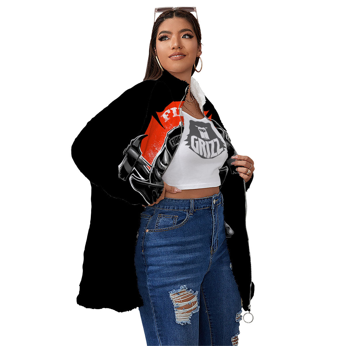 Devil Firefighter Print Women's Sherpa Jacket-grizzshop