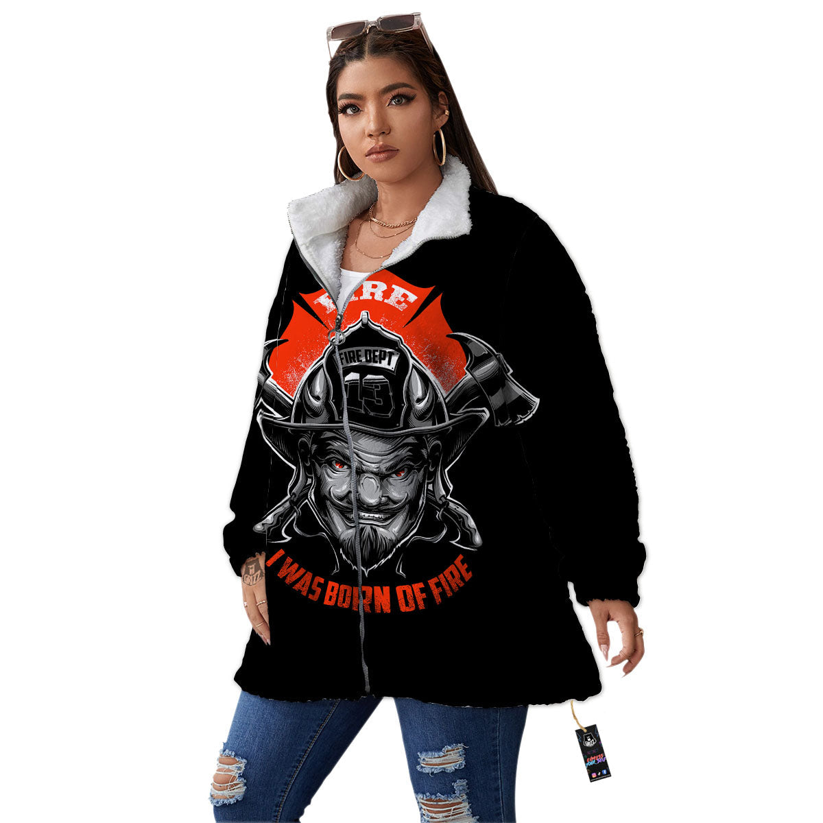 Devil Firefighter Print Women's Sherpa Jacket-grizzshop