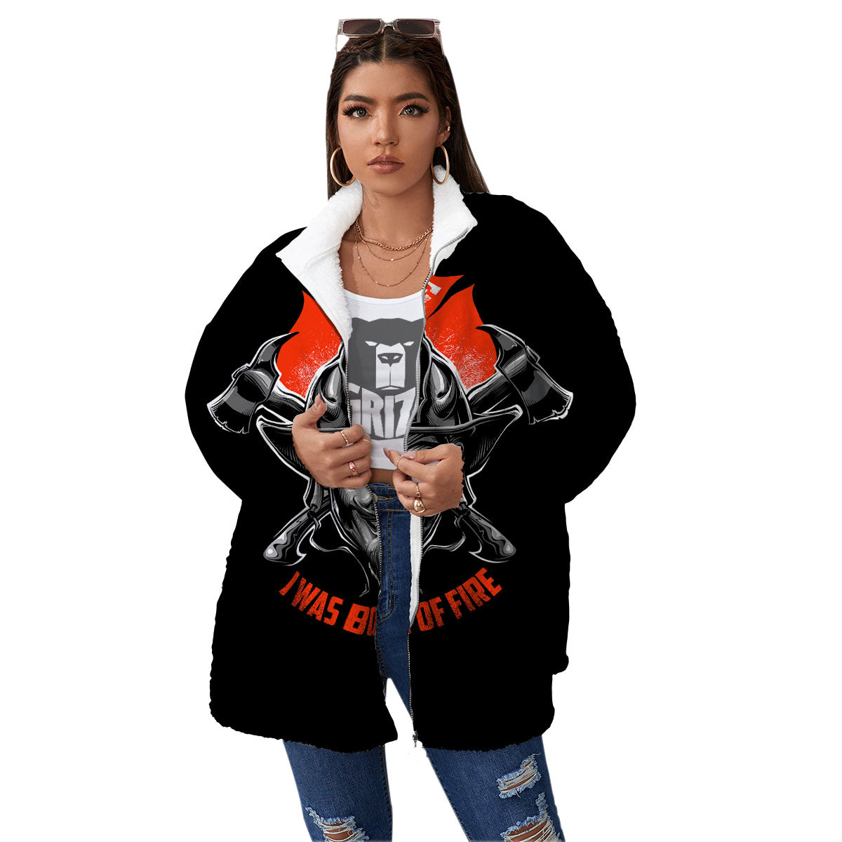 Devil Firefighter Print Women's Sherpa Jacket-grizzshop