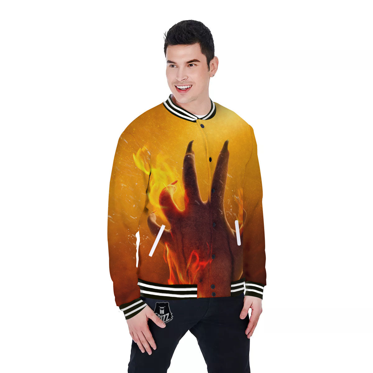 Devil Hand Print Baseball Jacket-grizzshop