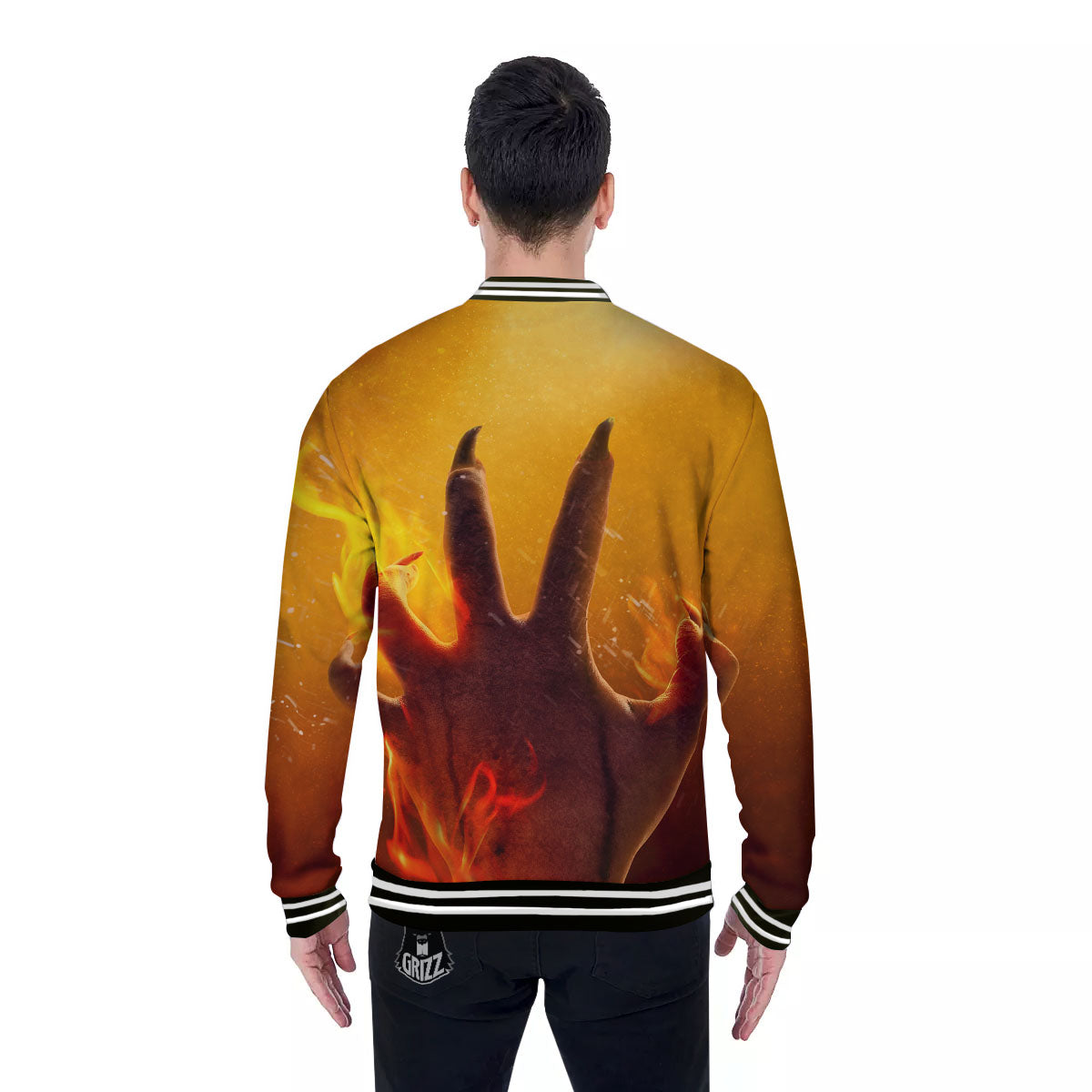 Devil Hand Print Baseball Jacket-grizzshop