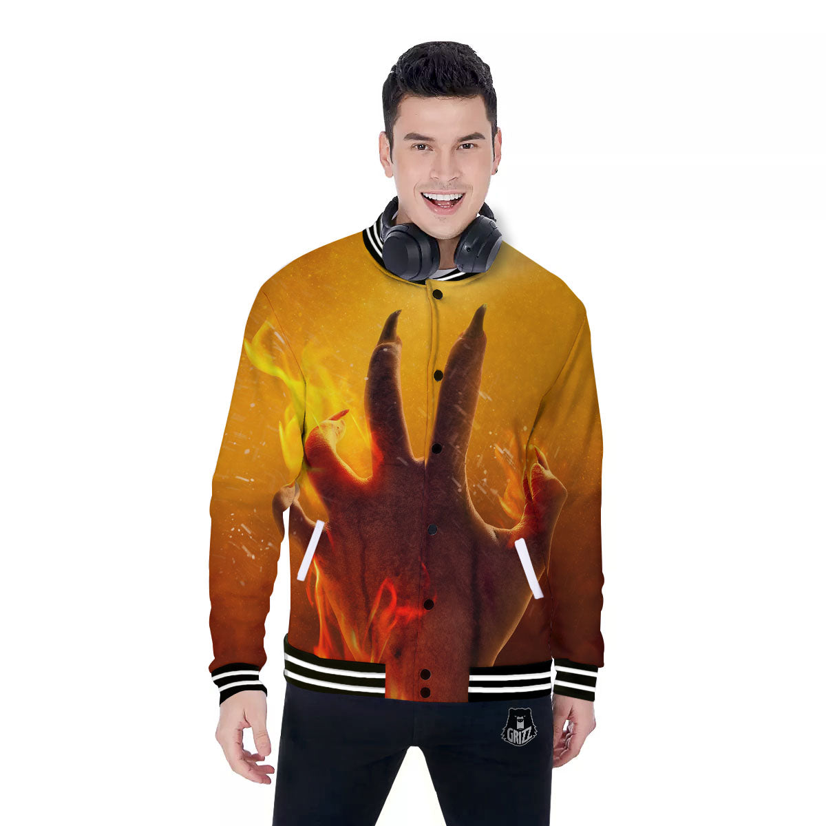 Devil Hand Print Baseball Jacket-grizzshop
