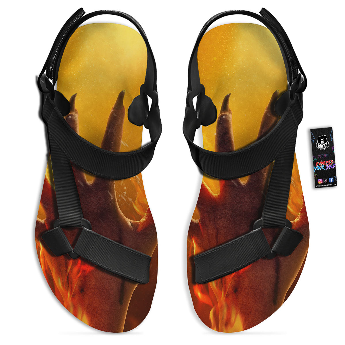 Devil Hand Print Black Open Toe Sandals-grizzshop