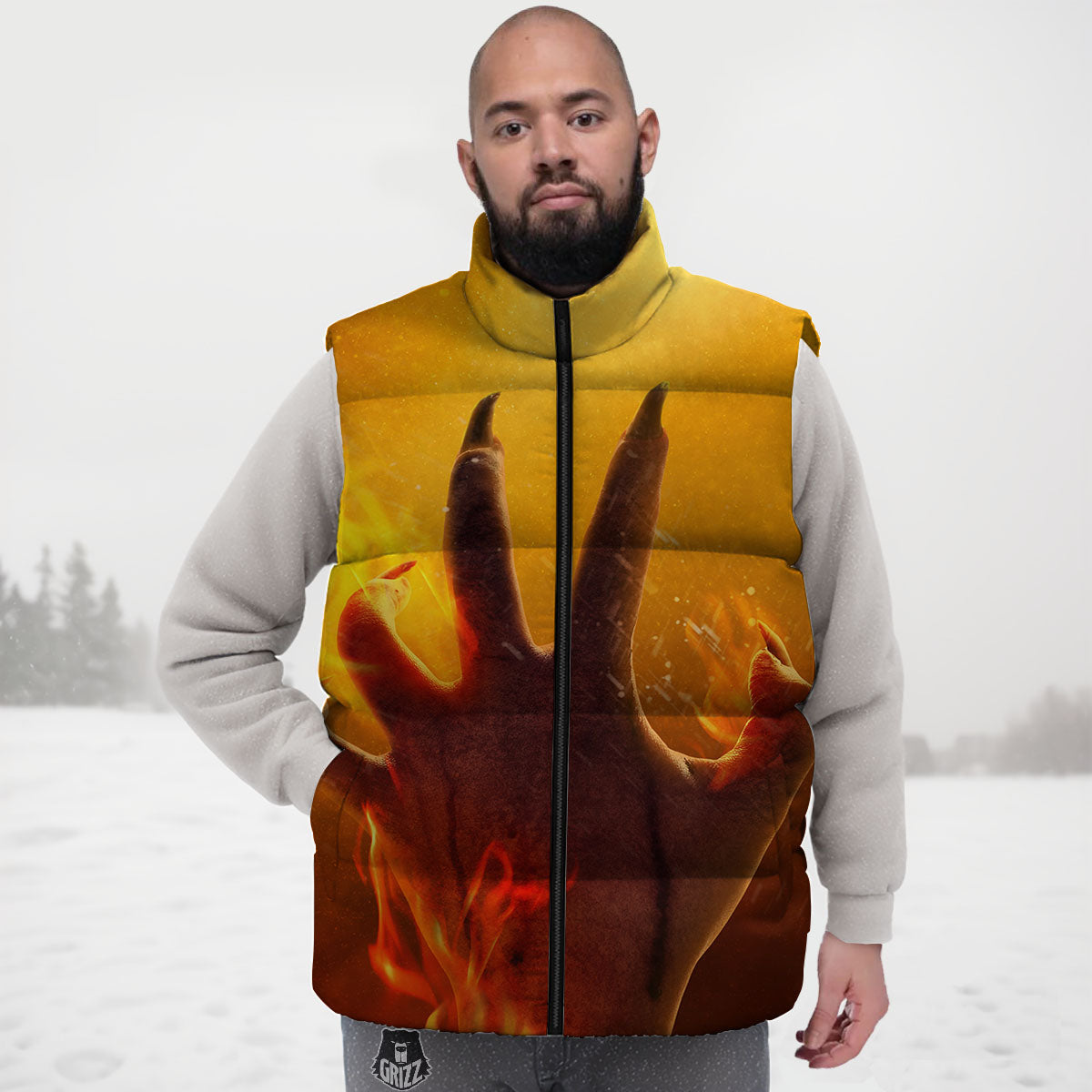 Devil Hand Print Down Vest-grizzshop