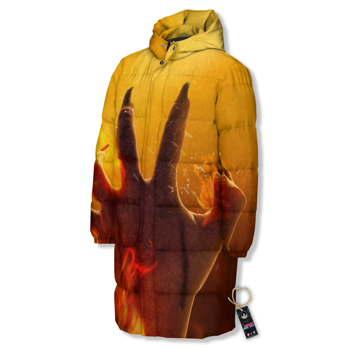 Devil Hand Print Long Down Jacket-grizzshop