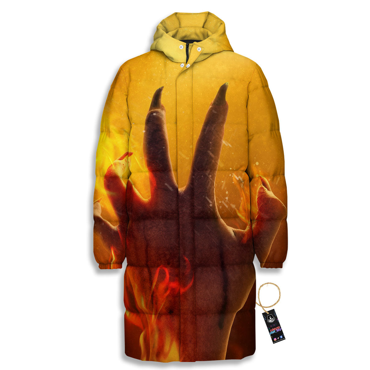 Devil Hand Print Long Down Jacket-grizzshop