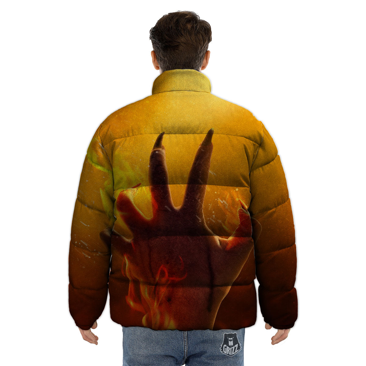 Devil Hand Print Puffer Jacket-grizzshop