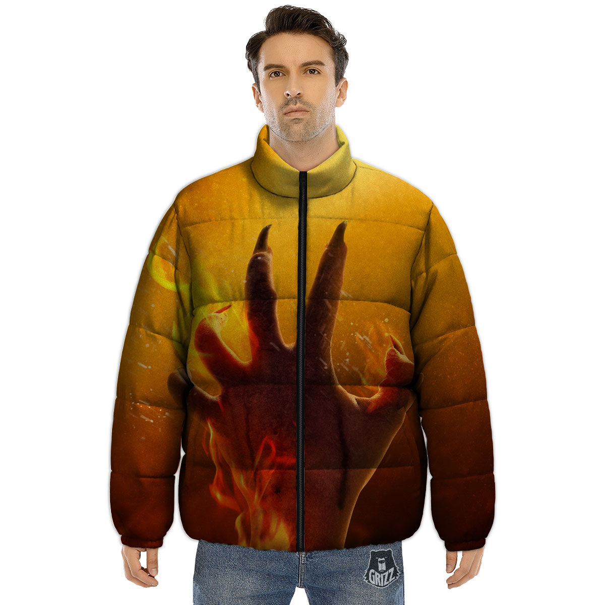Devil Hand Print Puffer Jacket-grizzshop