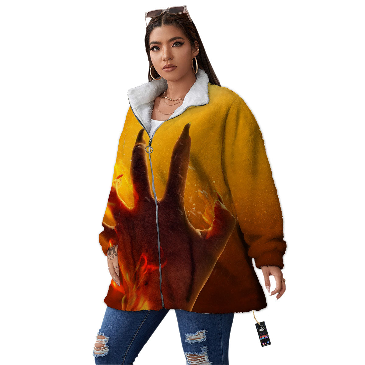 Devil Hand Print Women's Sherpa Jacket-grizzshop