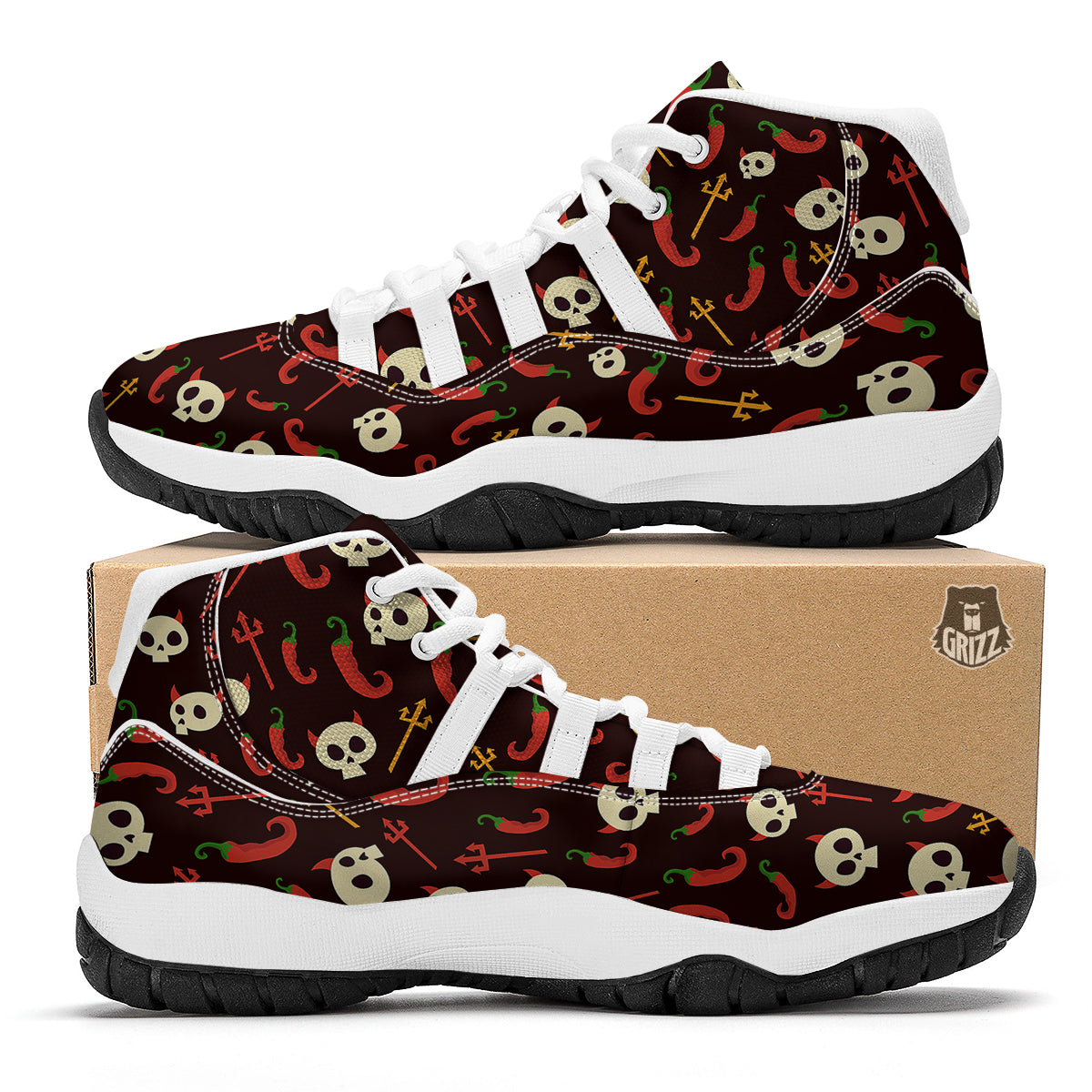 Devil Skull And Pepper Print Pattern White Bball Shoes-grizzshop