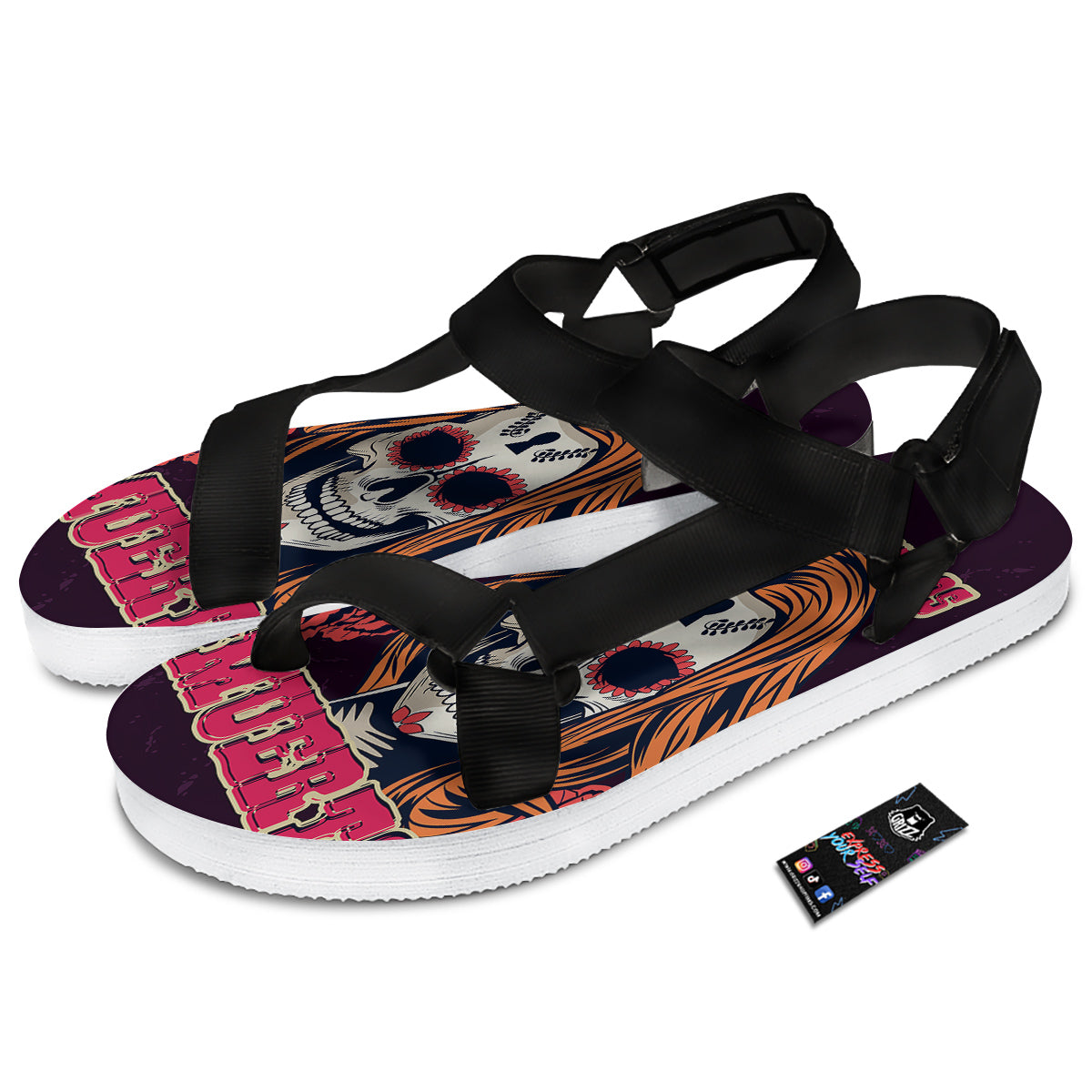 Dia De Los Muertos Calavera Girl Print Black Open Toe Sandals-grizzshop