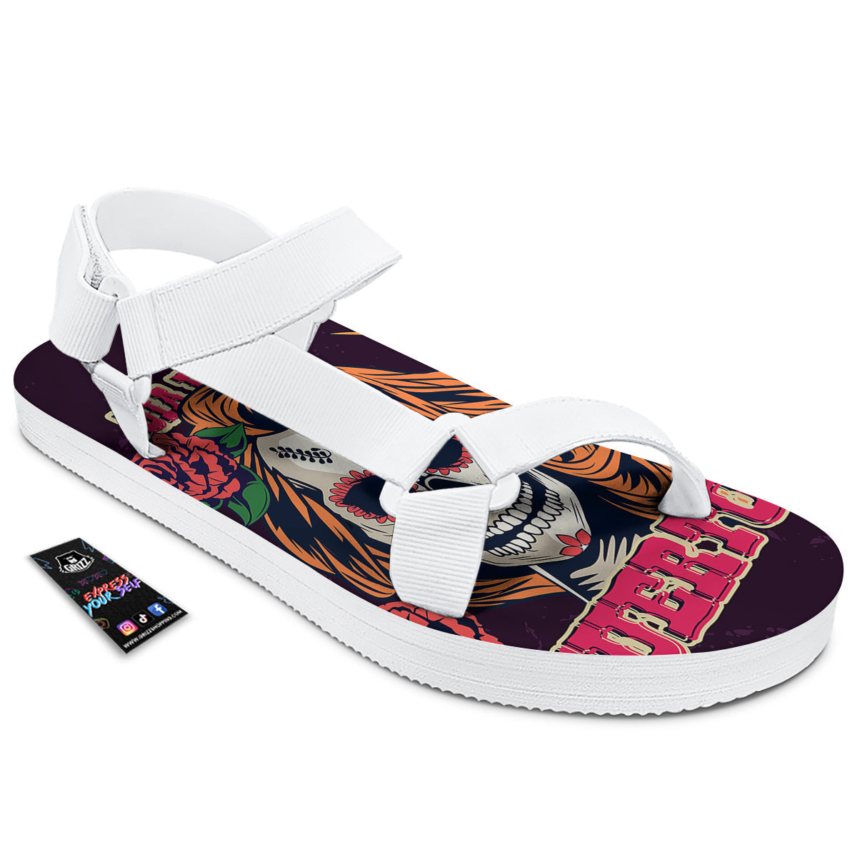 Dia De Los Muertos Calavera Girl Print White Open Toe Sandals-grizzshop