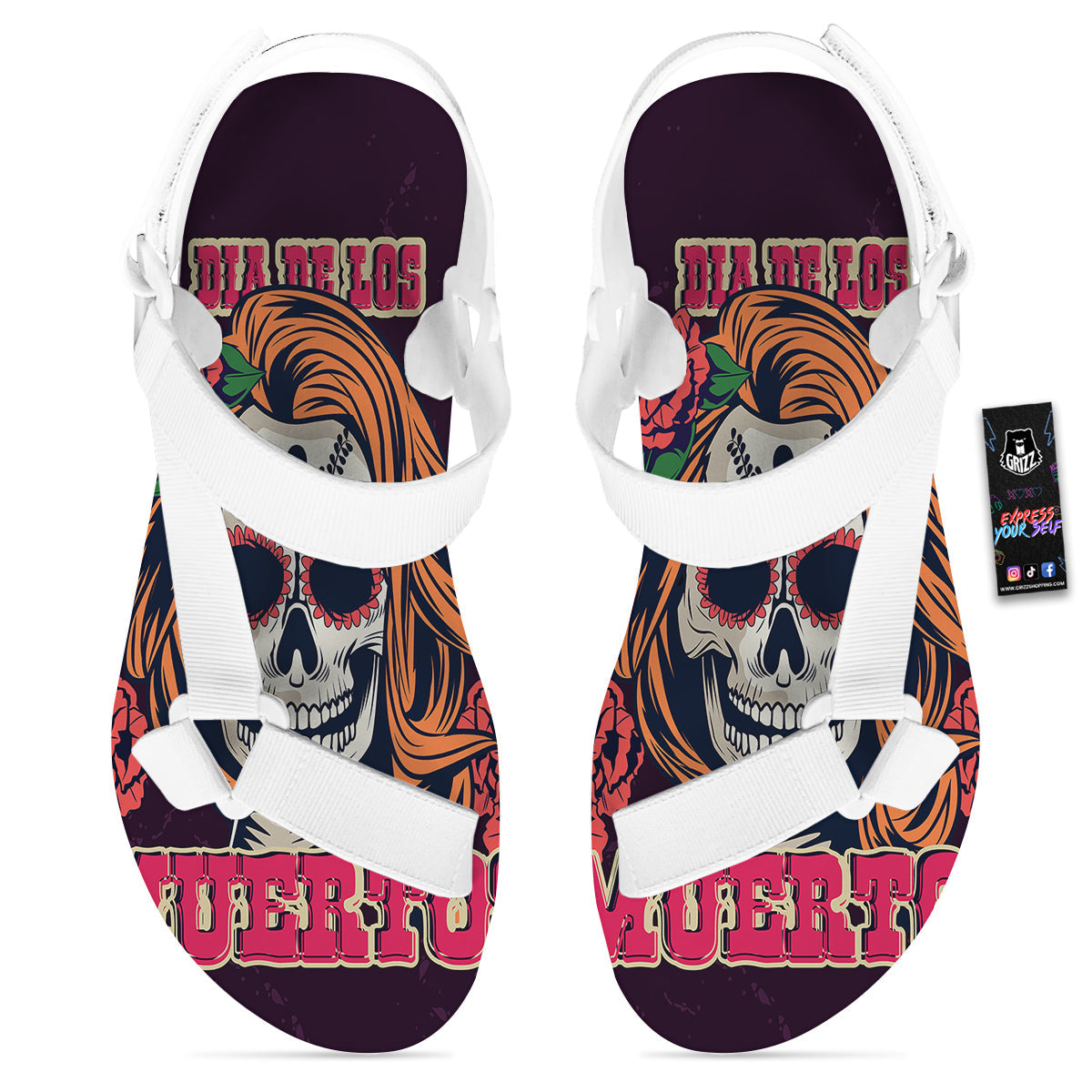 Dia De Los Muertos Calavera Girl Print White Open Toe Sandals-grizzshop