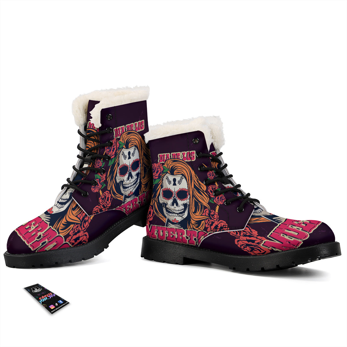 Dia De Los Muertos Calavera Girl Print Winter Boots-grizzshop