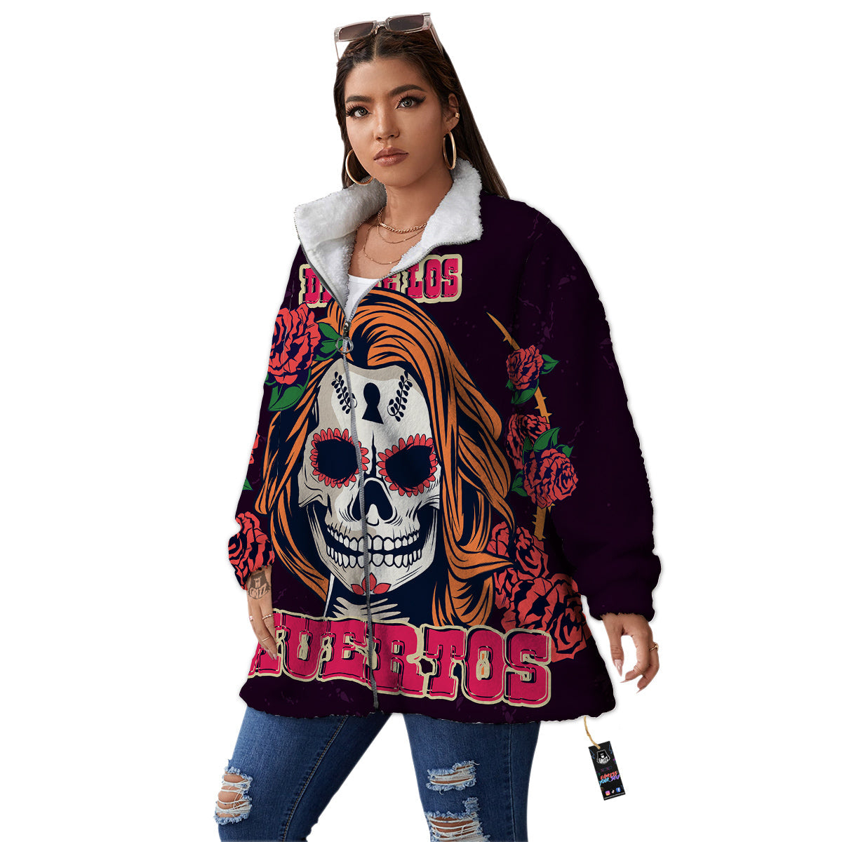Dia De Los Muertos Calavera Girl Print Women's Sherpa Jacket-grizzshop