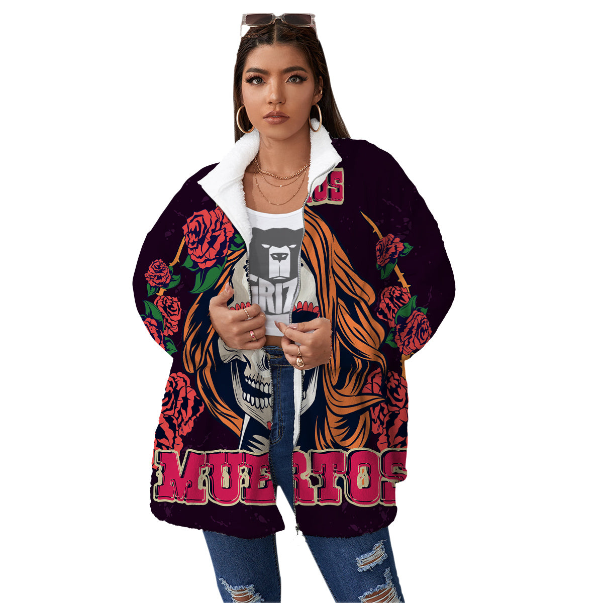 Dia De Los Muertos Calavera Girl Print Women's Sherpa Jacket-grizzshop