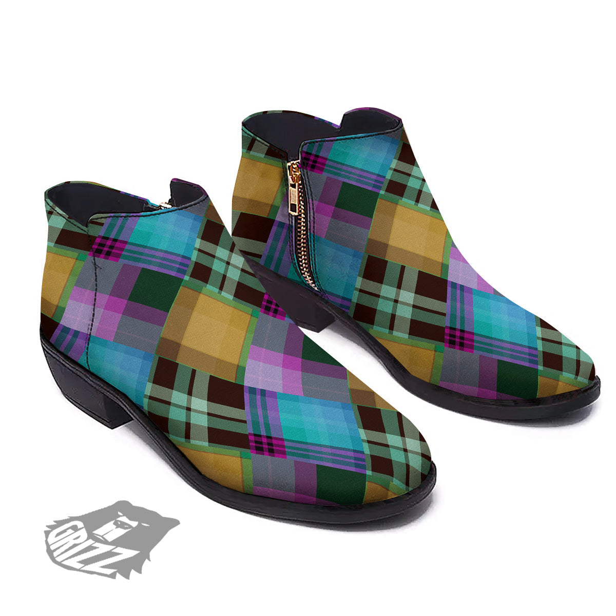 Diagonal Madras Blue Tartan Plaid Print Pattern Ankle Boots-grizzshop