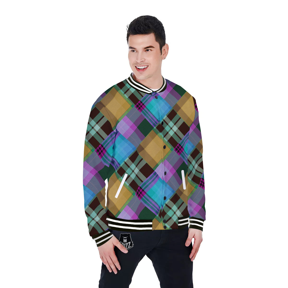 Diagonal Madras Blue Tartan Plaid Print Pattern Baseball Jacket-grizzshop