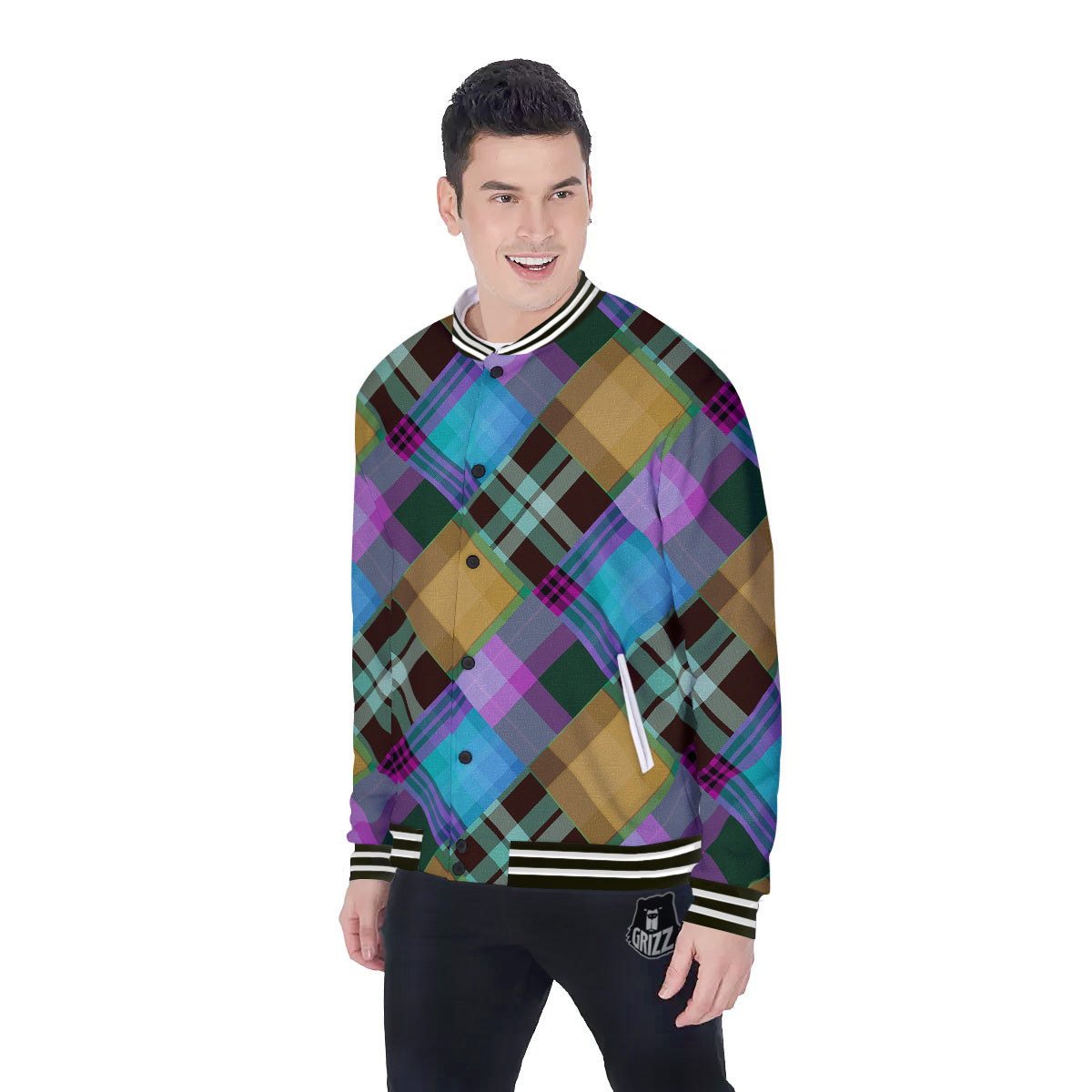 Diagonal Madras Blue Tartan Plaid Print Pattern Baseball Jacket-grizzshop