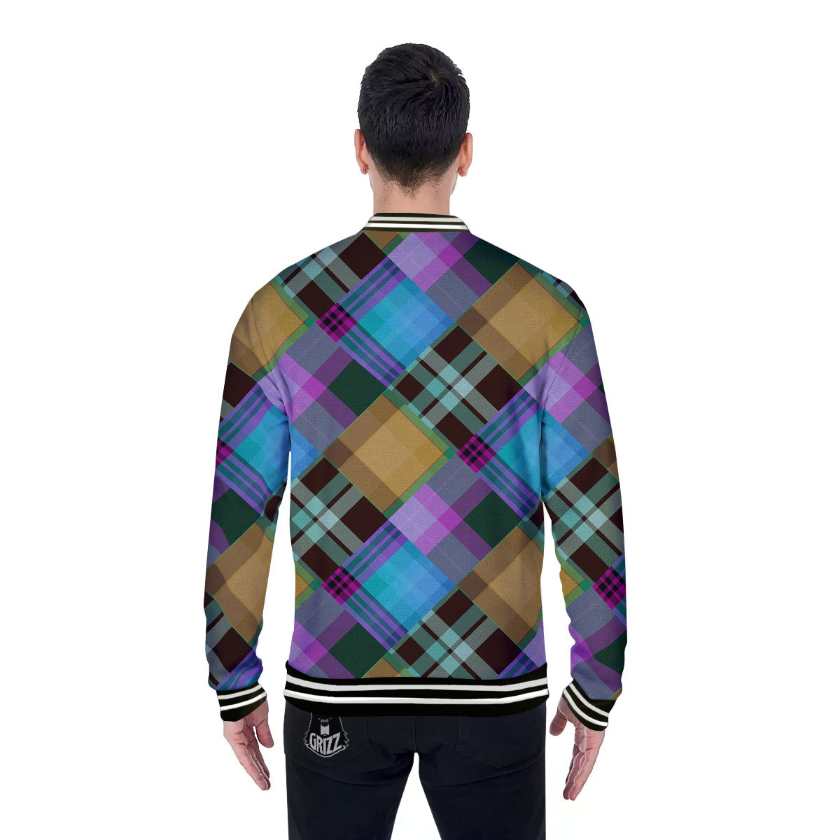 Diagonal Madras Blue Tartan Plaid Print Pattern Baseball Jacket-grizzshop