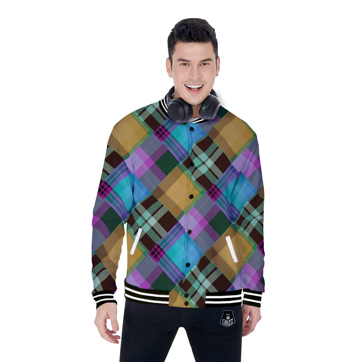 Diagonal Madras Blue Tartan Plaid Print Pattern Baseball Jacket-grizzshop