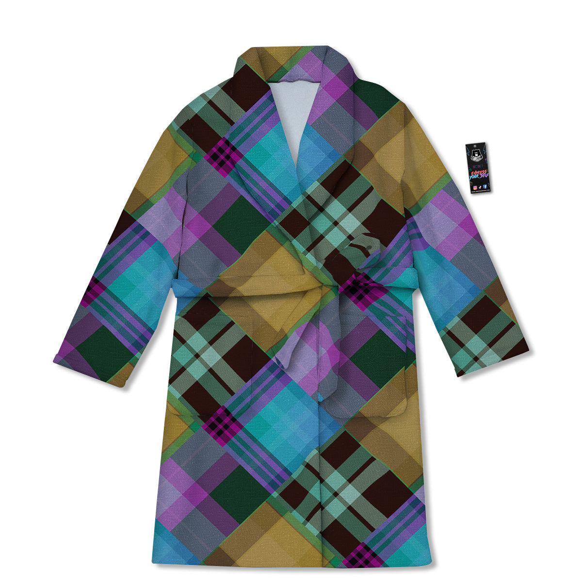 Diagonal Madras Blue Tartan Plaid Print Pattern Bathrobe-grizzshop