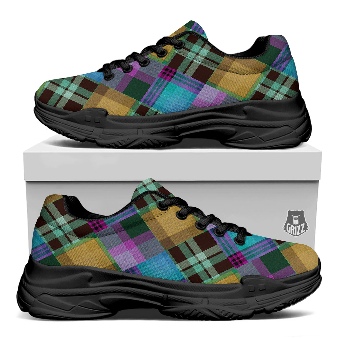 Diagonal Madras Blue Tartan Plaid Print Pattern Black Chunky Shoes-grizzshop