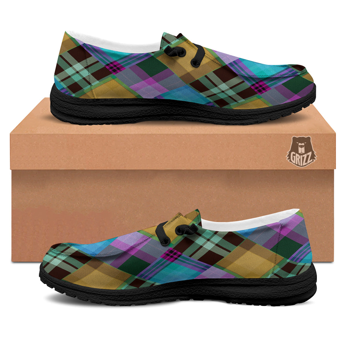 Diagonal Madras Blue Tartan Plaid Print Pattern Black Loafers-grizzshop