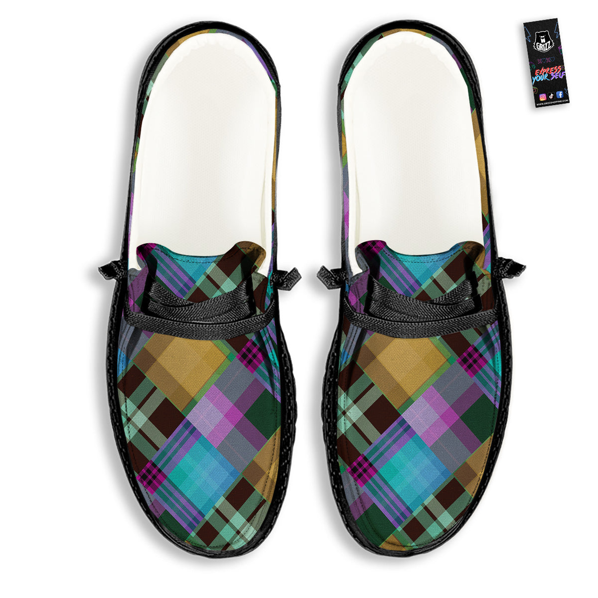 Diagonal Madras Blue Tartan Plaid Print Pattern Black Loafers-grizzshop