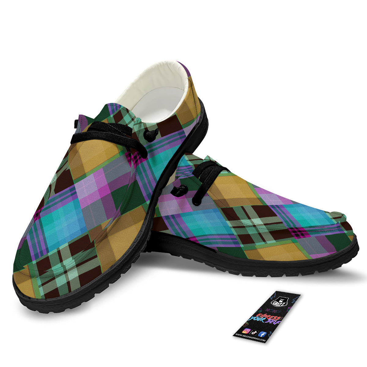 Diagonal Madras Blue Tartan Plaid Print Pattern Black Loafers-grizzshop