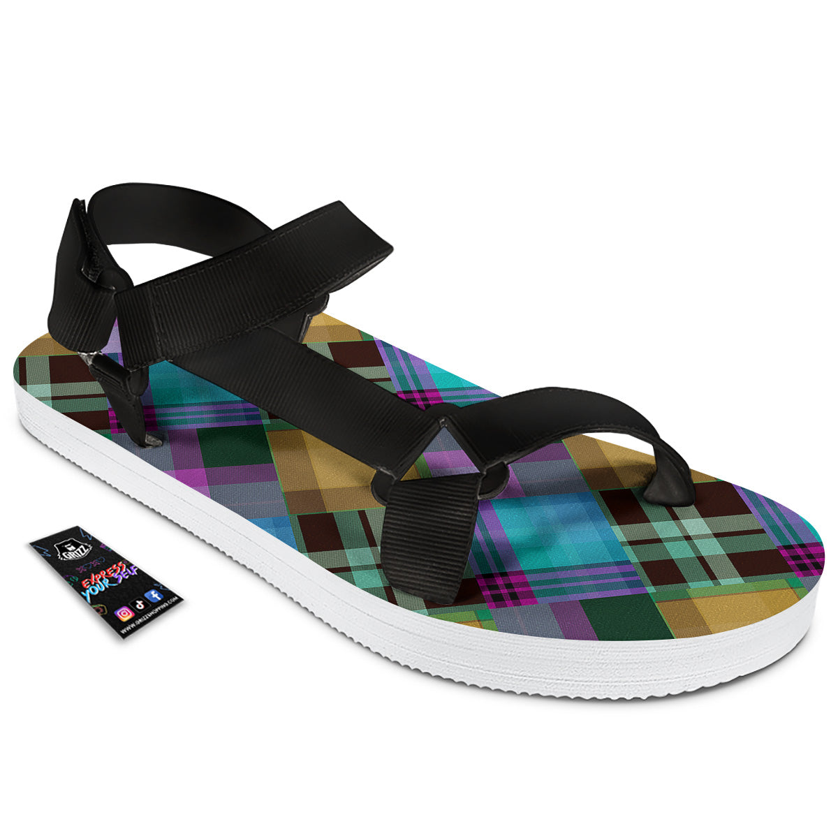 Diagonal Madras Blue Tartan Plaid Print Pattern Black Open Toe Sandals-grizzshop