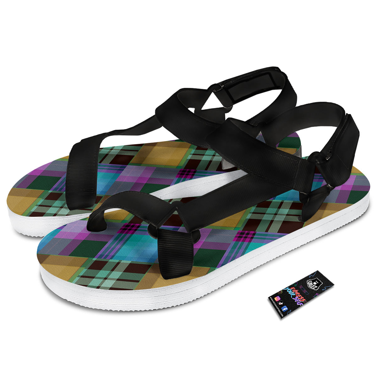 Diagonal Madras Blue Tartan Plaid Print Pattern Black Open Toe Sandals-grizzshop