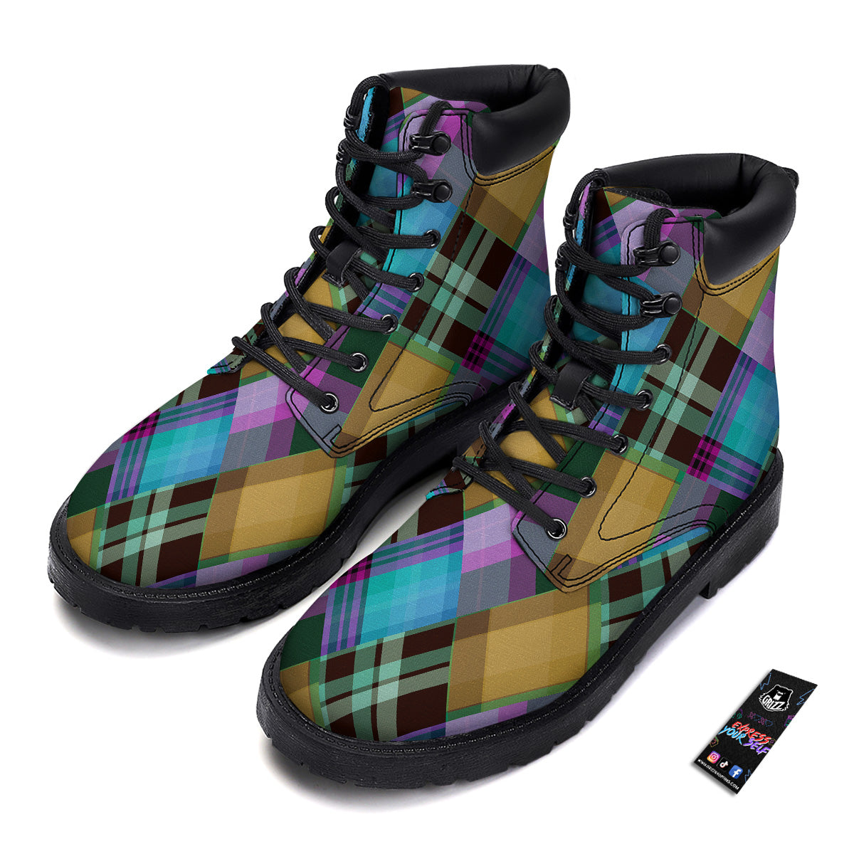Diagonal Madras Blue Tartan Plaid Print Pattern Boots-grizzshop