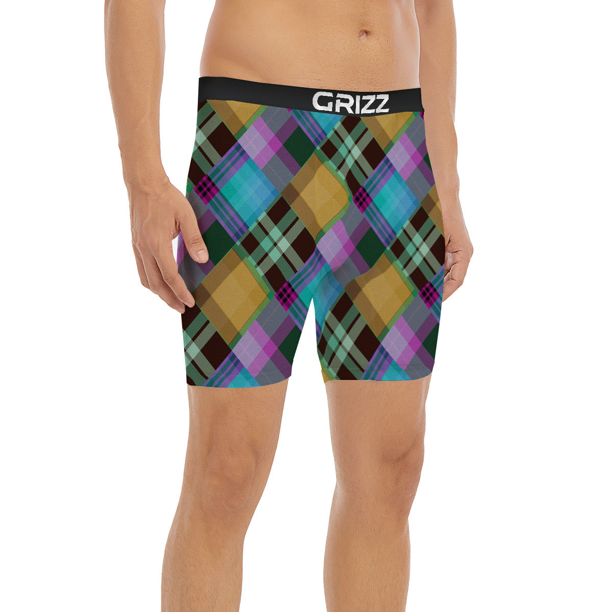 Diagonal Madras Blue Tartan Plaid Print Pattern Boxer Briefs-grizzshop