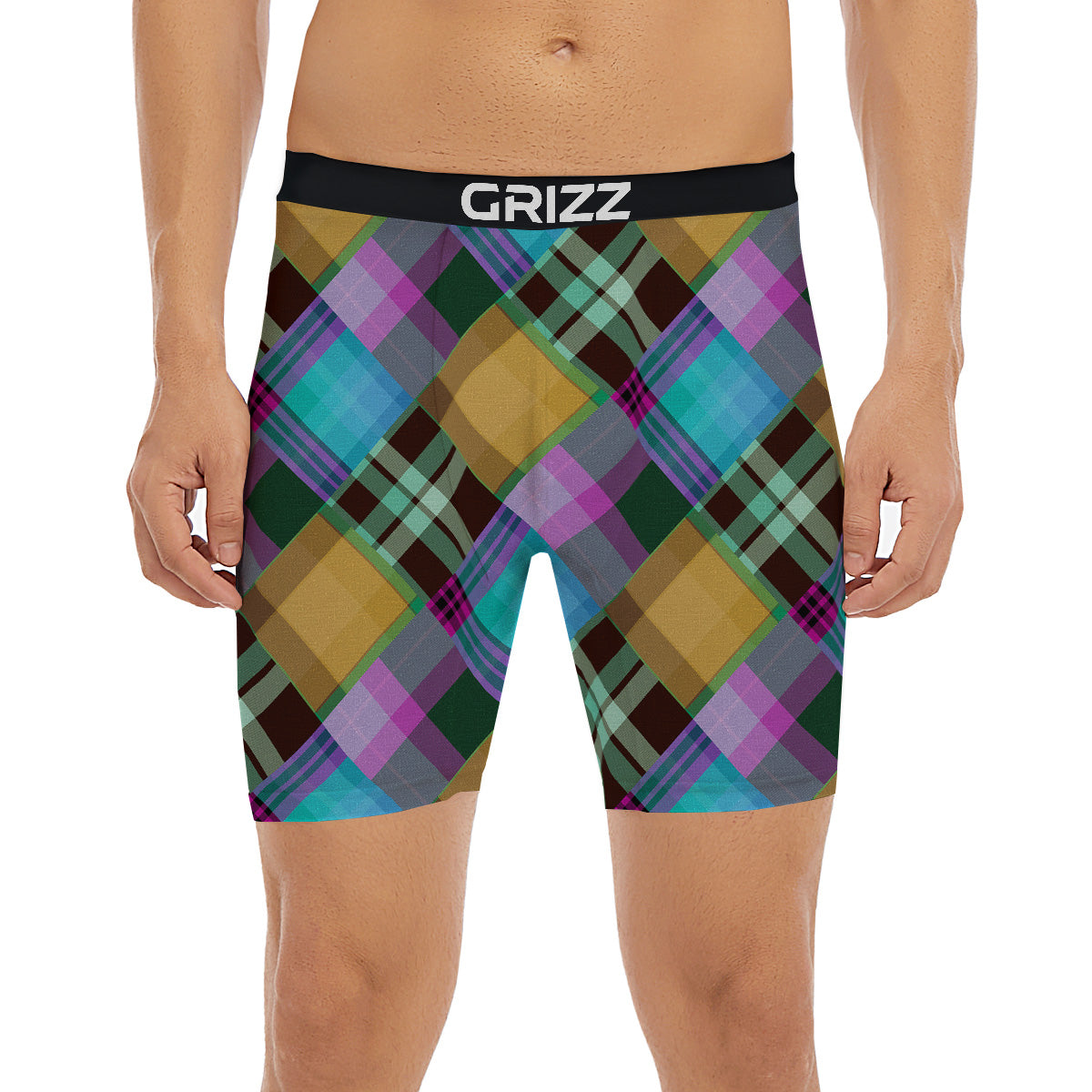 Diagonal Madras Blue Tartan Plaid Print Pattern Boxer Briefs-grizzshop